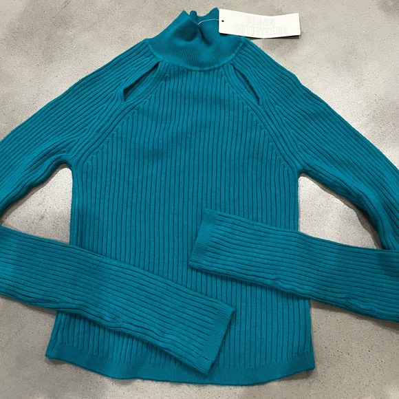 NWT Urban Outfitters Aria Ribbed Cutout Turtleneck Sweater in Teal - Picture 4 of 7